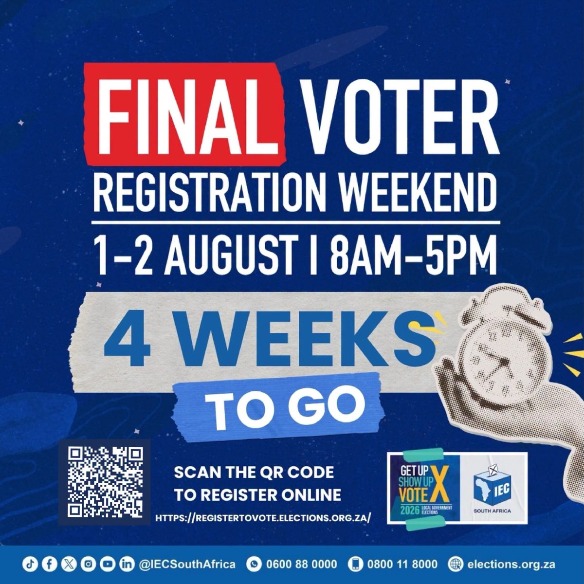 LekwaLocal's tweet photo. 📢 FINAL IN-PERSON REGISTRATION WEEKEND

🇿🇦 Final In-Person Voter Registration Weekend
🗓️ 01–02 August 2026

Visit your voting station to:
✔️ Register to vote
✔️ Update your voter registration details

#wozalge2026 #localgovelections2026 #registertovote https://t.co/93s5vBrfkL