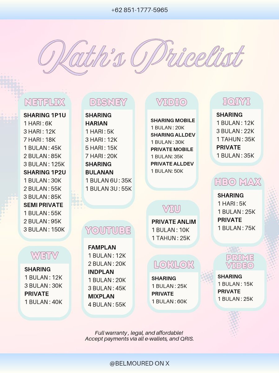 blokolyz's tweet photo. ₊˚⊹ haloo lagi cari aplikasi premium apa nih? aku jual netflix, disney, v1di0, iqiyi, viu, hbo max, wetv, youtube, loklok, prime video, canva, capcut, apple music, spotify, picsart, alight motion, chatgpt, get contact, dazzcam

wa 💌: https://t.co/ORsSJkISO4 #zonauang 000 https://t.co/5SrSdxrh2Q