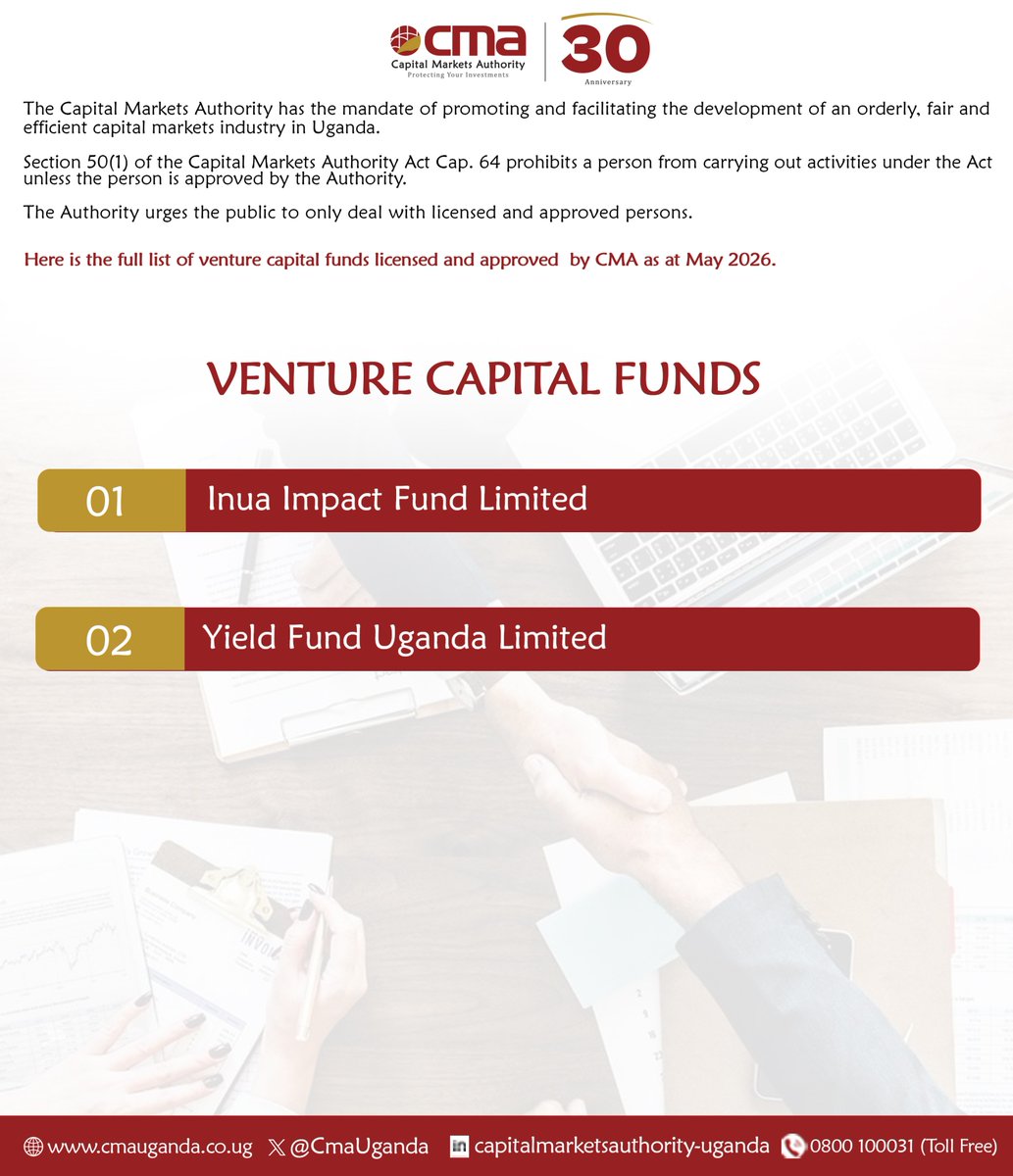 CmaUganda's tweet photo. Know who you're investing with!

Before investing in a venture capital fund, always verify that it is licensed and approved by the Capital Markets Authority (CMA).

Always verify licensed entities at https://t.co/DCQMS4ymKT

#Capitalmarkets #CMAAt30 #Investoreducation https://t.co/mLdrUKkBDT