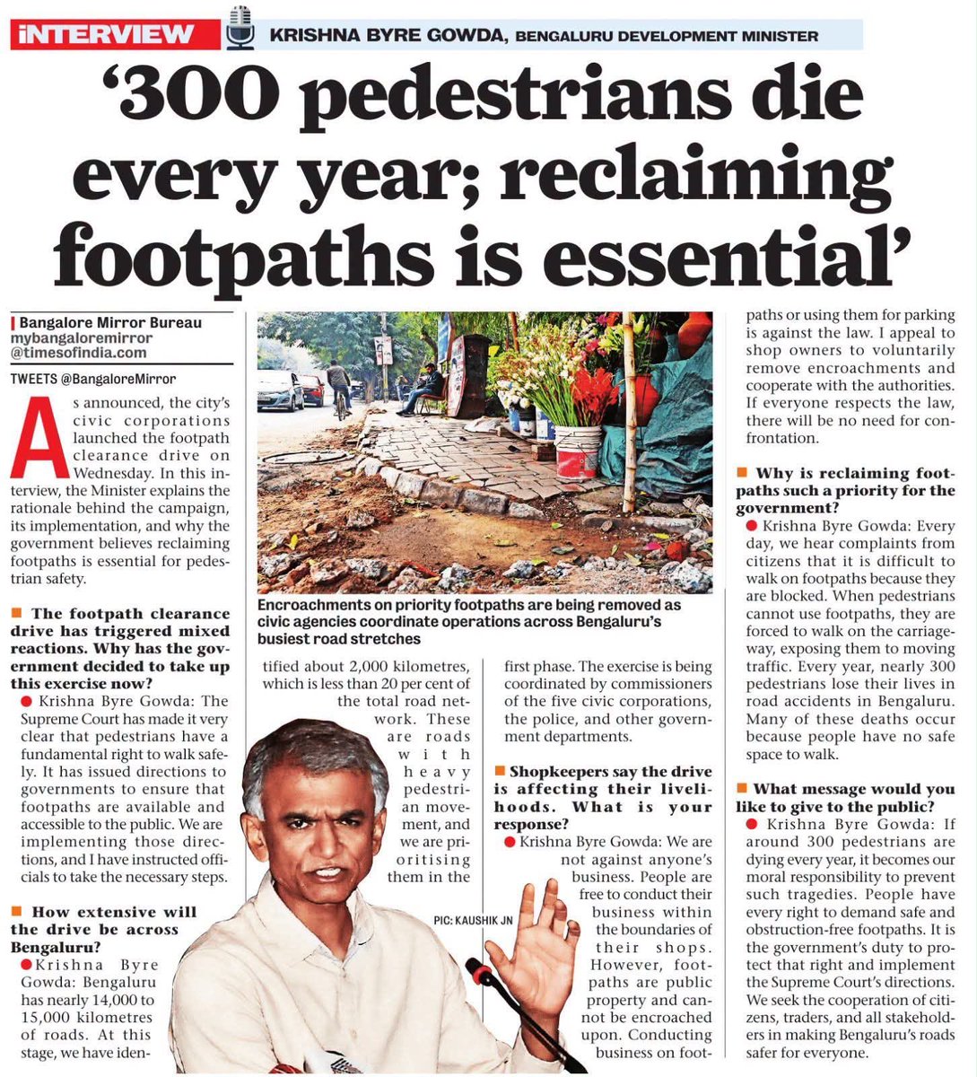 JsivaUrbantranz's tweet photo. Good to see #Bengaluru Development Minister @krishnabgowda taking the Supreme Court’s order on the Fundamental Right to Walk seriously and beginning action on the ground by #reclaiming footpaths. @DKShivakumar @indSupremeCourt 

By making footpaths a visible #priority, he is also setting a clear #benchmark on which citizens will #judge the success of this initiative. After all, protecting pedestrians is not just about mobility—it is about protecting a #fundamental right.

I hope more #cities and #states take inspiration from this and start implementing the spirit of the judgment. Safe, obstruction-free footpaths should become the norm across India.

@CMOTamilnadu @ncbn @RevantRedd @vdsatheesan 

#RightToWalk #Walkability #RoadSafety #UrbanMobility #Footpaths
