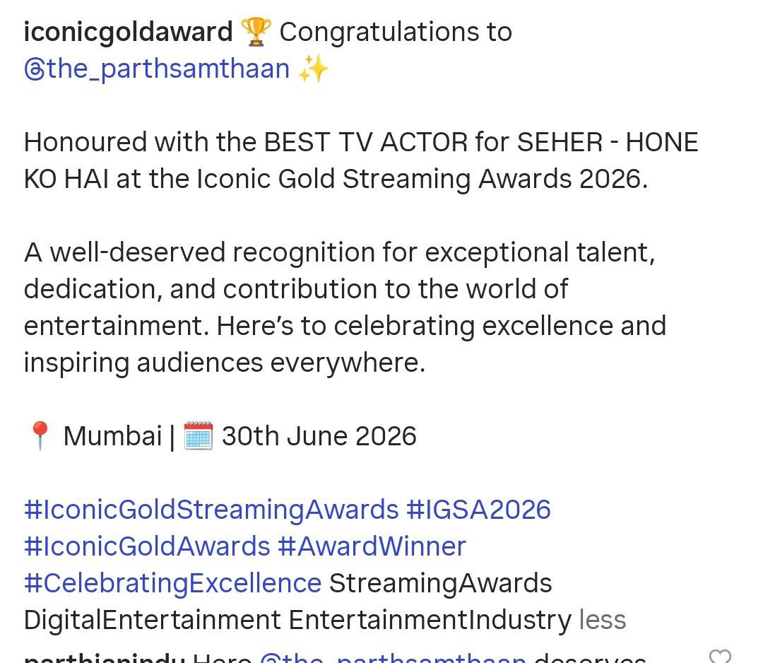 Itsurgurl_AS's tweet photo. Congratulations, Parth Samthaan! 

This is so well deserved. Your dedication, hard work, and the way you brought Mahid to life made this recognition inevitable. So proud to witness this moment. 
Here's to many more milestones ahead.

{#seherhonekohai #parthsamthaan #mahidniyazi} https://t.co/THbUAKTSqv