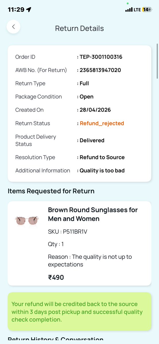 ABsharma8233's tweet photo. @TitanEyePlus Refund rejected for poor-quality product. This is unfair and disappointing. Please resolve this ASAP.
Order ID: TEP-3001100316
#RefundIssue #PoorService https://t.co/jQdD8r2L0w