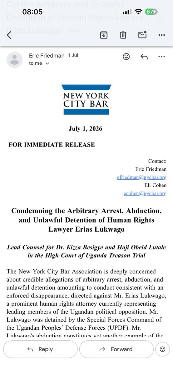 KakwenzaRukira's tweet photo. New York City Bar Association on Erias Lukwago’s kidnap and judicial harassment https://t.co/hhzxWGDLzy