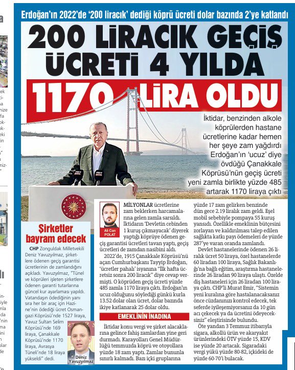 muratagirel's tweet photo. Cumhurbaşkanı Erdoğan’ın ‘’ilk hafta ücretsiz sonra 200 liracık’’dediği Çanakkale köprüsünden geçiş 1170 TL ye çıkmış. 

Artış yüzde 485 !

Zarar kamulaştırılıyor, kazanç özelleştiriliyor. Bu, neoliberalizmin Anadolu tipi tercümesidir.

@AALICANPOLAT https://t.co/JBfOBfhsv1