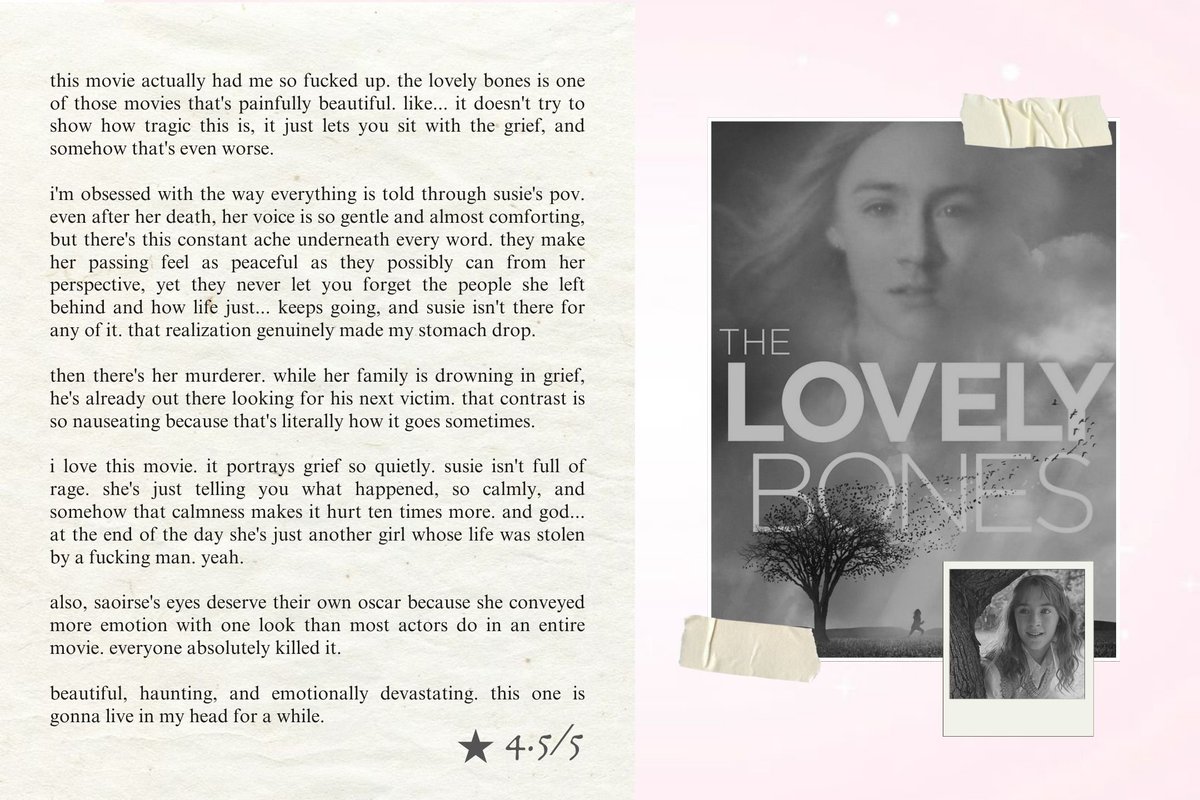 pagebeforeyou's tweet photo. ⠀꒰ঌ𖹭໒꒱ . . . .ᐟ⋆.𐙚˚

୨୧ the lovely bones
★ 4.5/5

⠀𖹭.ᐟ #bibbimovies
⠀ https://t.co/pimWPmIFjz