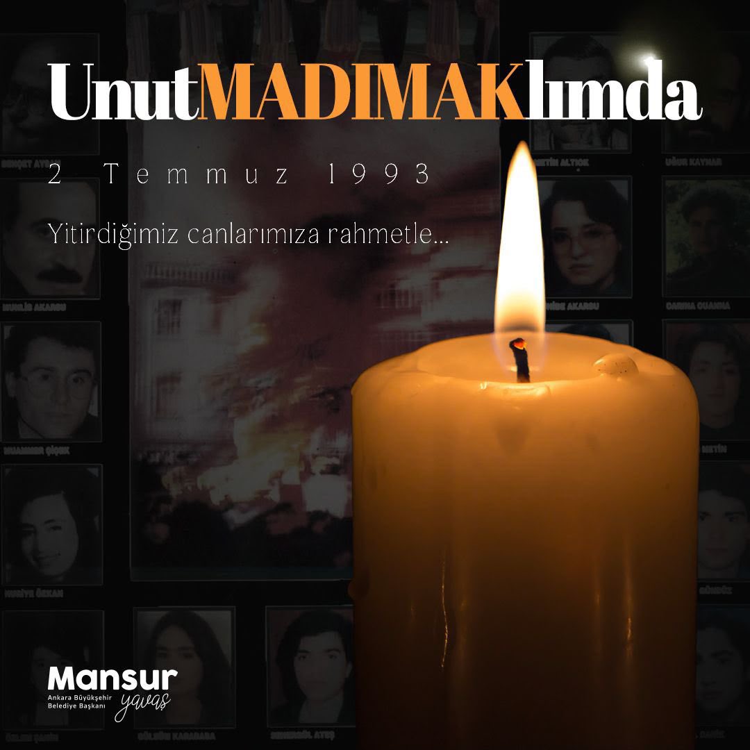 mansuryavas06's tweet photo. 2 Temmuz 1993…

Tarihimize kara bir leke, ortak vicdanımıza hiç dinmeyecek bir acı olarak kazınan Madımak Katliamı’nda yitirdiğimiz canlarımızı rahmetle anıyorum.

#UnutMADIMAKlımda https://t.co/dtz7Sq7u80