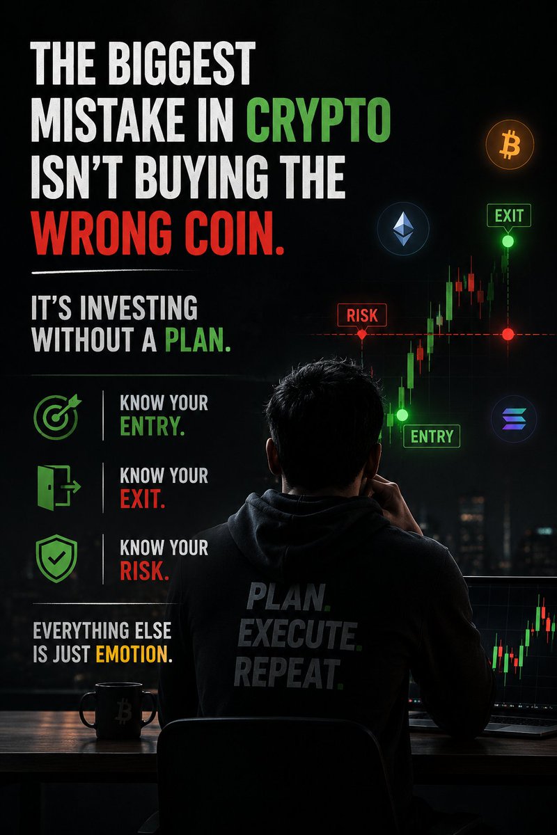 dex_trdr's tweet photo. The biggest mistake in crypto isn't buying the wrong coin

It's investing without a plan

Know your entry
Know your exit
Know your risk

Everything else is just emotion. https://t.co/x43ez0o9if