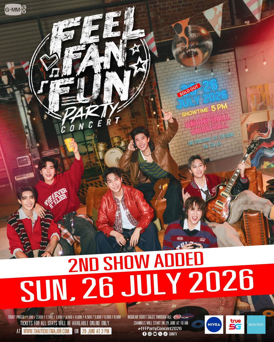 EarthOfficialFC's tweet photo. 𝗙𝗘𝗘𝗟 𝗙𝗔𝗡 𝗙𝗨𝗡 𝗣𝗔𝗥𝗧𝗬 𝗖𝗢𝗡𝗖𝗘𝗥𝗧 𝟮𝟬𝟮𝟲 🎤🎸🎧🎨
มา Party วงเขียวกับแก๊ง FFF กันนะคะ ทั้ง 6 คนตั้งใจทำโชว์กันมาก ๆ สำหรับใครที่ยังไม่มีบัตร ตอนนี้บัตรยังมีอยู่น้าาา มาสนุกกันเยอะ ๆ นะคะ 🤎✌🏻

🗓️ 25-26 JULY 2026
📍 Union Hall, Union Mall

🎟 TICKETS FOR SUNDAY, 26 JULY 2026 ARE STILL AVAILABLE!
📌All ThaiTicketMajor channels 
🖇️ https://t.co/MPbqwkMPeC

Earth Pirapat 
@Earth_Pirapat #EarthPirapat 
#FFFPartyConcert2026