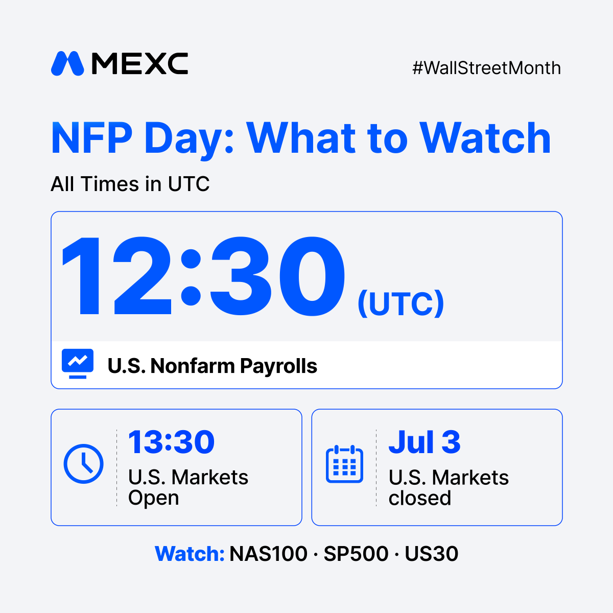 MEXC's tweet photo. NFP could set the tone before Wall Street opens.

One data drop. Three indices on watch.

Which one are you watching first? 👇

#WallStreetMonth