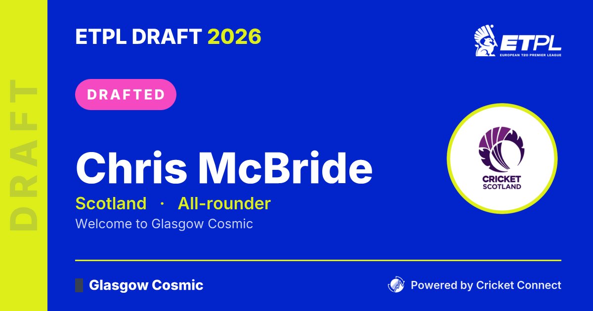 CricConnectAI's tweet photo. 🏏 ETPL Draft 2026 — Round 6, Pick #31
Glasgow Cosmic select Chris McBride (Scotland · All-rounder).
Welcome to the ETPL! 🎉

#ETPL #ETPLDraft2026 #CricketConnect https://t.co/1zFYv6DwRL https://t.co/k8y3cO1y6X
