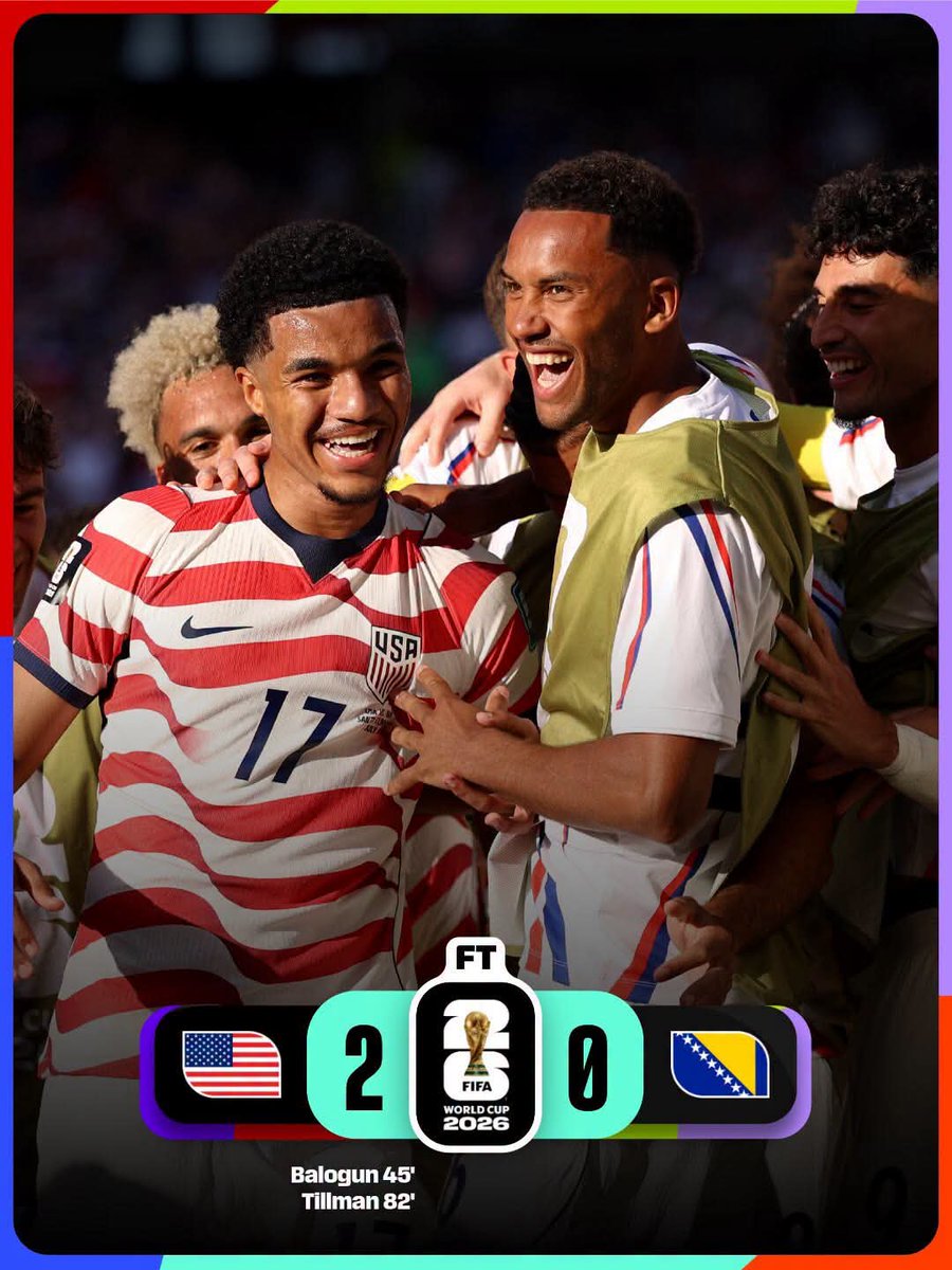 bittar32's tweet photo. USA 2-0 Bosnia and Herzegovina

Goals: Balogun (45), Tillman (82)

Ten-man USA overcame Bosnia and Herzegovina at San Francisco Bay Arena Stadium to book a FIFA World Cup 2026™ Round-of-16 meeting with Belgium.

@FIFAWorldCup #FIFAWorldCup @FIFAcom https://t.co/VNaNLkbkfV