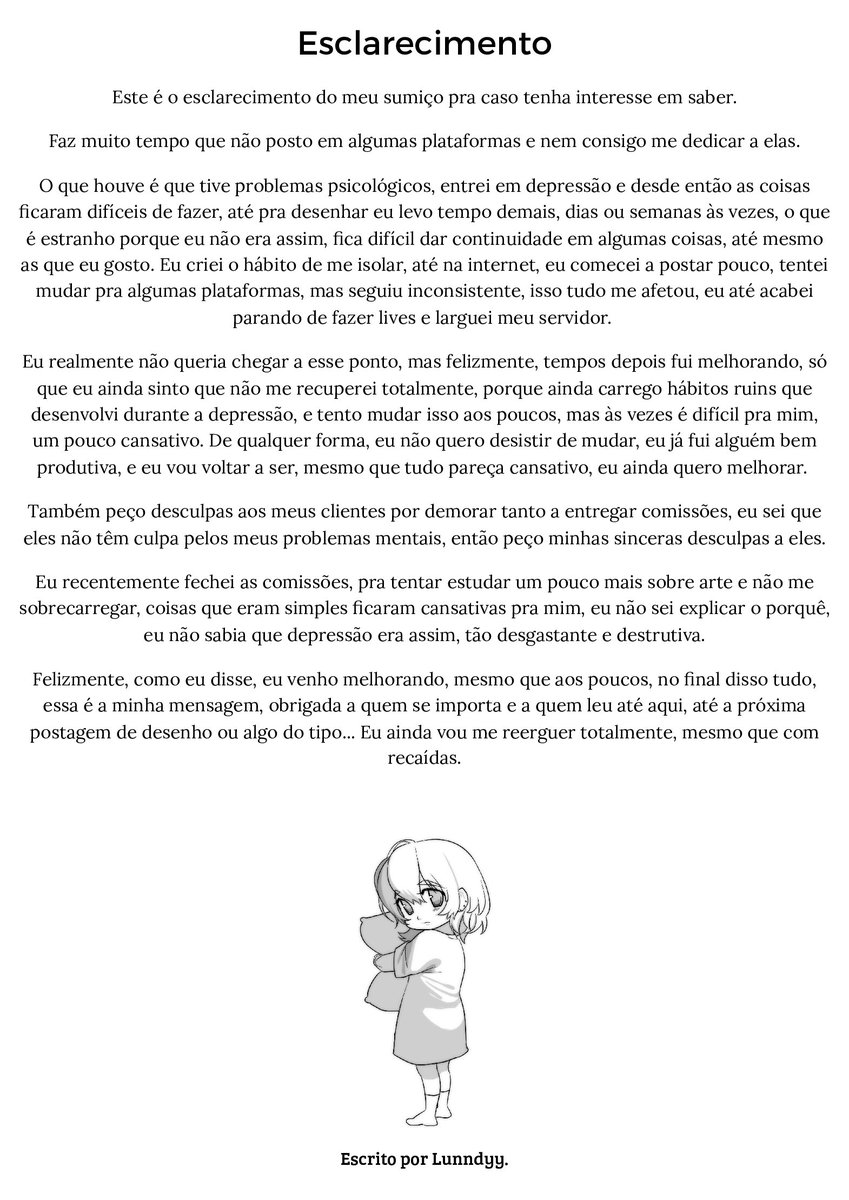 Lunndyy's tweet photo. An Explanation for My Absence
           ---------------------
Explicação sobre meu desaparecimento. https://t.co/DvCJrxpJLA
