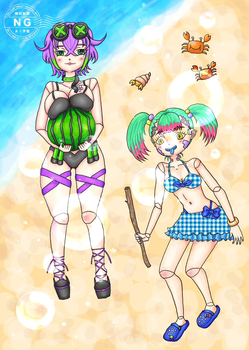 15369___pink's tweet photo. 罵詈Ⅲ本ラヂオちゃんと葉加瀬博士のスイカ割り🍉
ハカセのお顔がよく描けた♡
 #ゼンシンマシンガール
#絵柄が好みって人にフォローされたい https://t.co/PBNTmUXzx2