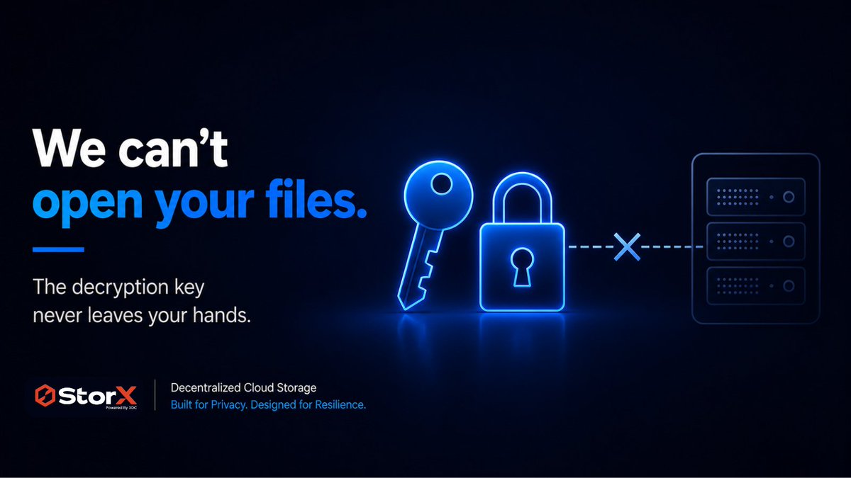 StorXNetwork's tweet photo. The decryption key never leaves your hands. We don't hold a copy. We don't hold a backup of it "just in case." We genuinely cannot open your files, even if someone asked us to.

That's not a privacy policy promise that depends on us keeping our word. It's just the architecture. There's nothing on our end to subpoena, hand over, or get hacked, because there's nothing on our end that opens anything.