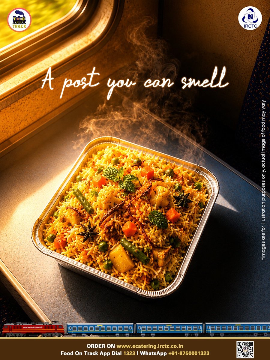 eCateringIRCTC's tweet photo. Craving what you see? Skip the train pantry compromises. With IRCTC eCatering, your favorite flavors travel right alongside you. From steaming hot biryanis to indulgent street-style snacks, we deliver fresh, hygienic, and mouth-watering meals straight to your coach.

Swipe through, pick your craving, and order via the ‘Food on Track’ app or call 1323!
🌐 https://t.co/sj0NT7G2Cn
📲 Install #FoodOnTrack app
📞 Call 1323
📱 WhatsApp +91-8750001323