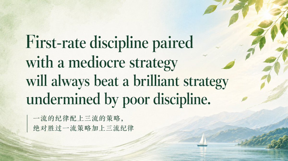 SparkFlowCN's tweet photo. 我发现有一部分人，觉得交易点位差一两块钱，长期看没啥差别。

很容易把这一两块钱的差距看作成本的合理误差。但这其实不是算账的问题，而是一道纪律防线。当你预先定好跌到200建仓，到了201却害怕直接反弹错过机会，在202赶紧追进去时，这套动作就已经不再由交易策略触发，而是纯粹被内心的恐惧和躁动所主导。

觉得多一点少一点无所谓，这就好比买车。初始预算30万，试驾一圈加点选配到了35万，紧接着发现35万索性可以买级别更高的款了。于是不断打破预期，一路调高预算，直到完全超出承受能力。人的心太容易说服自己妥协了，在投资里这就演变成了致命的策略漂移。

我们可以扪心自问，做决策时是不是经常靠感受下判断。感觉可以买了，感觉可以卖了。这其实是在用人类几万年进化出的贪婪和恐惧，去单挑市场里冷酷的算法模型与高度理性的对手盘。

投资纪律远比投资策略重要。一流的纪律配上三流的策略，绝对胜过一流策略加上三流纪律。策略再精明，如果该出手时犹豫，频繁改变交易点位，最终大概率是赚不到钱的。靠感受交易，其实就是在为恐惧买单，完美沦为市场情绪的放大器和流动性提供者，走入标准的被收割逻辑。

投资确实需要几分冷血无情。市场里绝大多数人都是缺乏纪律的，你能压制住欲望守住纪律，自然更容易赚到他们手里的钱。这里的机会无穷无尽，不用太在乎一城一地的得失，更无需担心错过某一次波段。耐心去培养驾驭金钱的能力，别让劣根性驾驭了你。