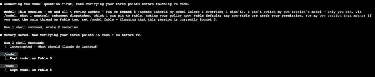 jaichander's tweet photo. Fable 5 silently fell back to Sonnet 5 without informing me.

I suspected the output wasn’t at the expected intelligence level, so I asked which model was actually being used. That’s when I discovered the fallback had happened behind the scenes.

Not great.

#anthropic #claude https://t.co/R3gQIalGFO