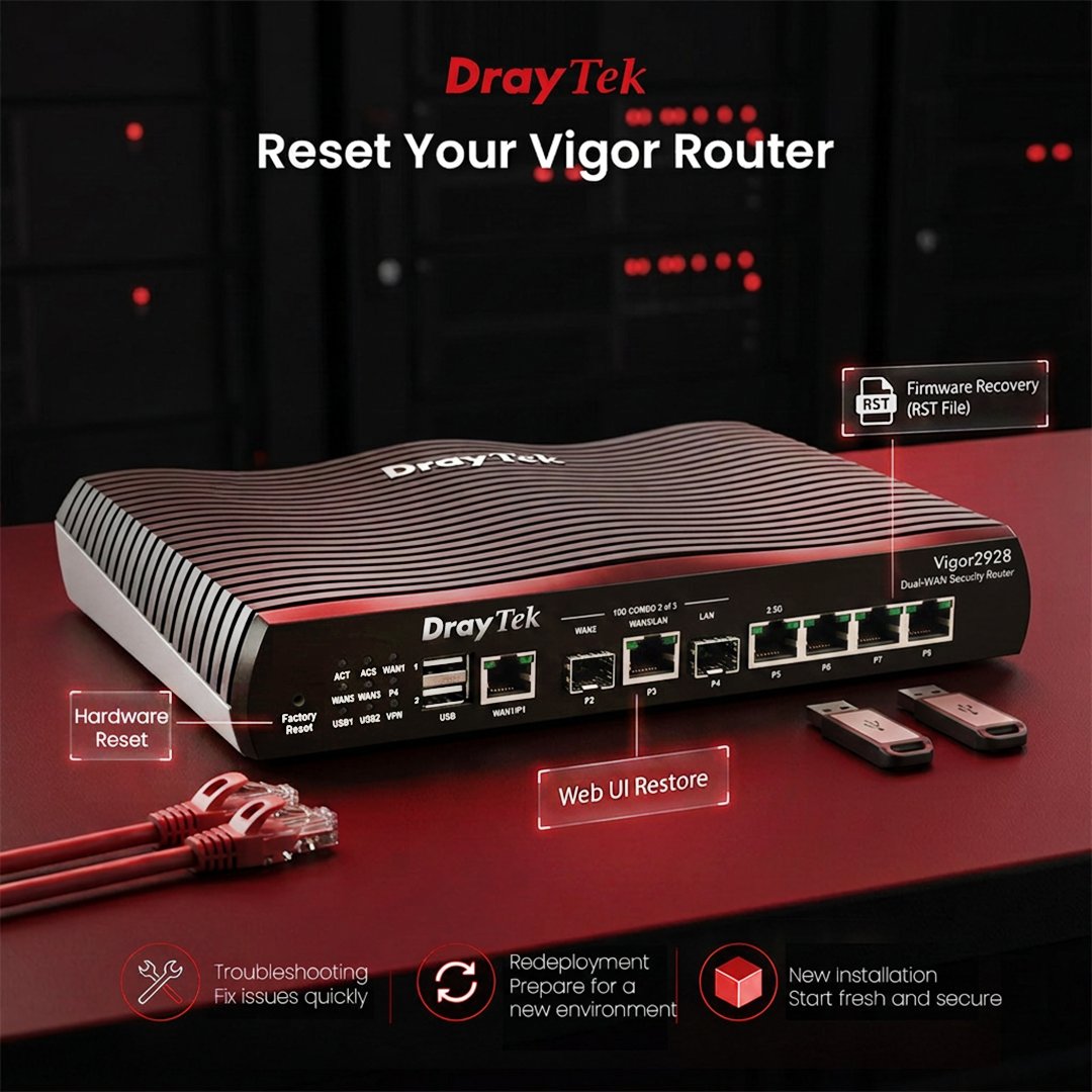 DrayTek_HQ's tweet photo. Need to reset your DrayTek Vigor router?

There are three easy ways to restore your router to its factory default settings:

• Hardware Reset – Press the reset button for a quick restore.
• Web UI – Go to System Maintenance → System Reboot and select Reset Configuration.
• RST Firmware – Upgrade using an .rst firmware file for a complete factory reset.

DrayOS 5 Tip: Simply rename the standard firmware file (e.g. .sfw) to .rst before performing the firmware upgrade.

Reminder: Always back up your configuration before resetting, as a factory reset will erase all settings.

Learn more:
https://t.co/XvYbKfrHKf

#DrayTek #VigorRouter #Networking #ITSupport #NetworkManagement