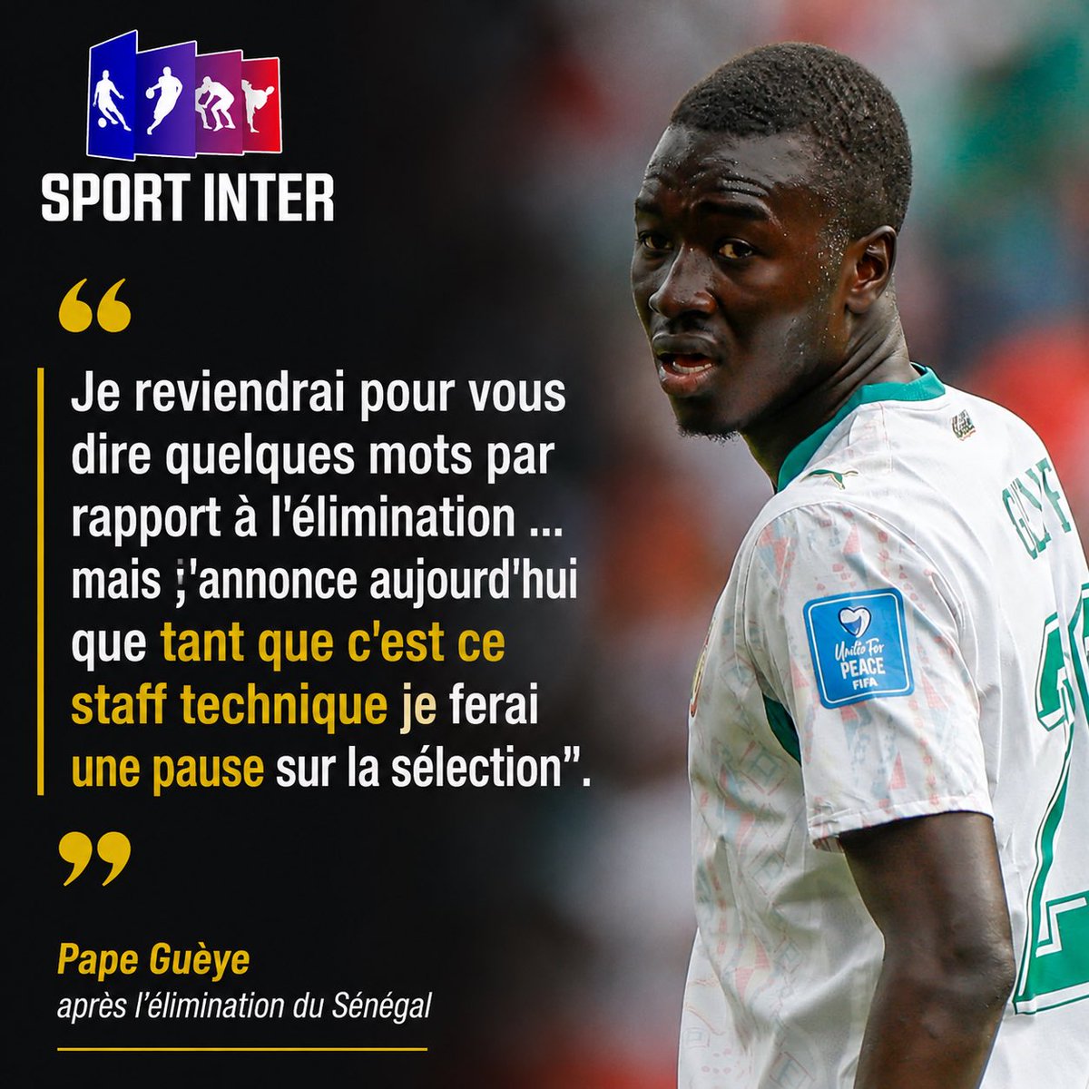 Sportinter21's tweet photo. 🚨🇸🇳 COUP DE TONNERRE !

Pape Gueye annonce mettre sa carrière internationale en pause ! 😳💔 https://t.co/5jx8q98TdO