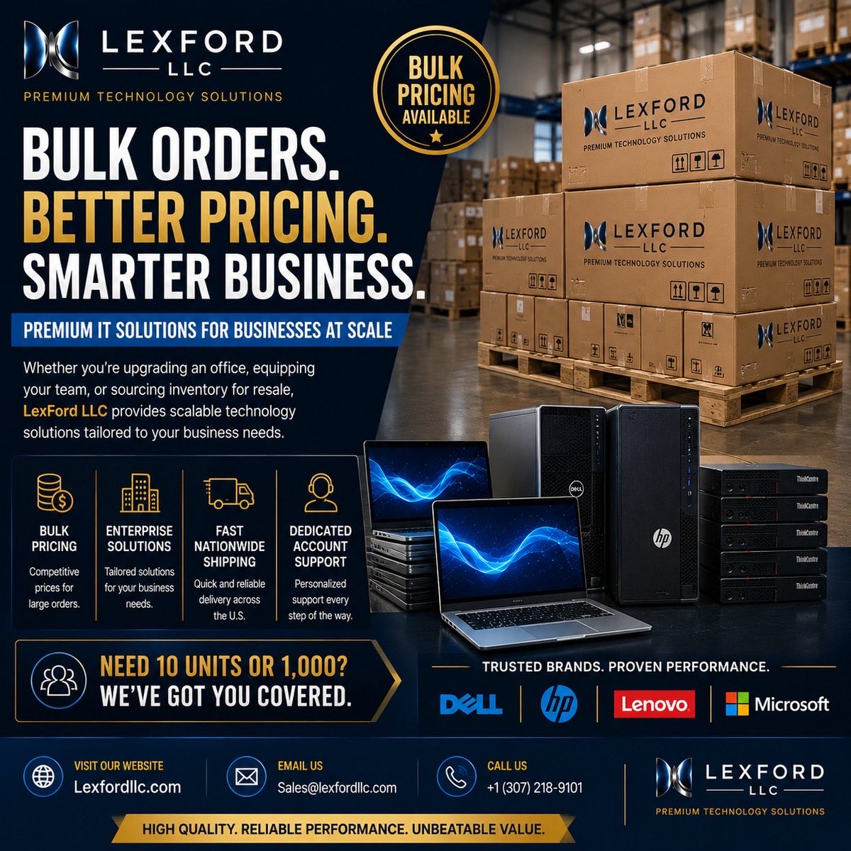 Lexfordllc's tweet photo. Bulk orders. Better pricing. Smarter business.
Premium IT solutions built for businesses at scale.
🌐 https://t.co/ObjzBSAbDv
#LexFordLLC #BulkOrders #B2B https://t.co/5Blo4iTESS