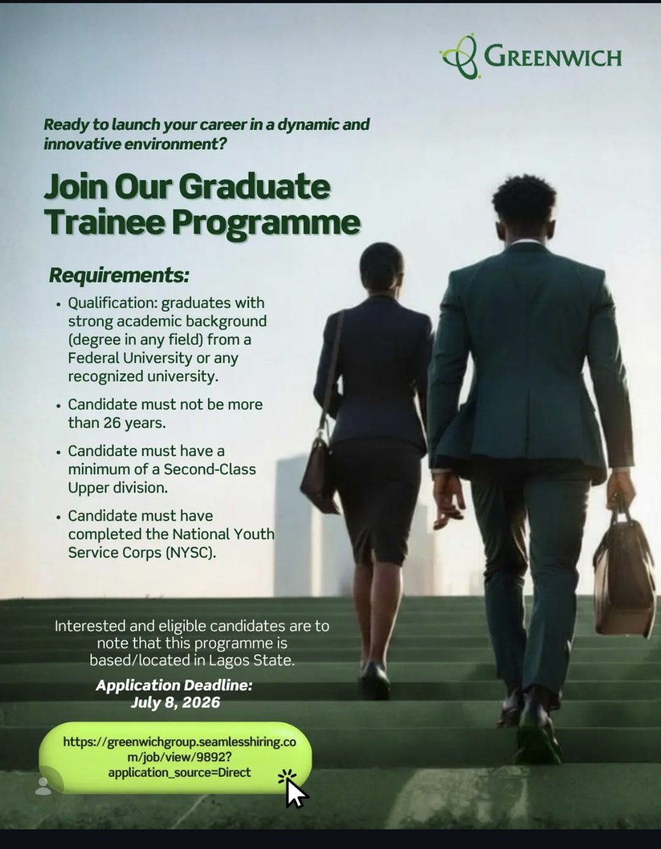 Jomo_Of_FUTA's tweet photo. Greenwich Group Graduate Trainee Program 2026

Are you a recent graduate ready to kickstart your career in a dynamic and innovative environment?

Deadline: July 8, 2026

Apply here👇
https://t.co/VCR1cGvNsW https://t.co/fSSkVuMElw