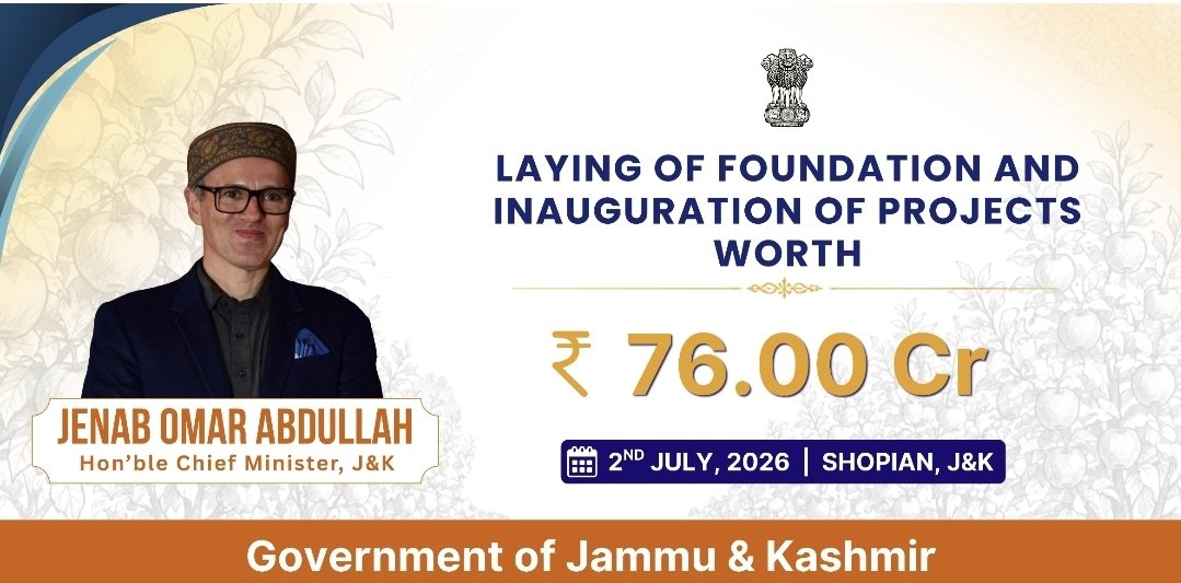 ANB_JK's tweet photo. SHOPIAN: Chief Minister Omar Abdullah is set to visit Shopian today to review ongoing development works and assess the implementation of key welfare schemes at the grassroots. During the visit, he will inaugurate, dedicate to the public, and lay foundation stones for infrastructure projects worth over Rs 76 crore aimed at strengthening the district’s socio-economic development. The Chief Minister will also interact with farmers and fruit growers to discuss issues concerning the horticulture and agriculture sectors.