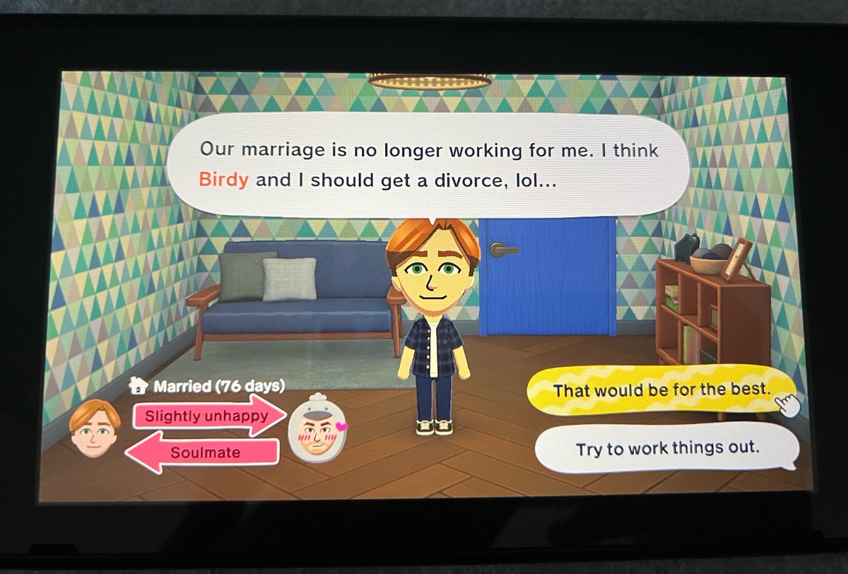 ovrexposd's tweet photo. Guys it’s so fucking over my mii just got divorced (I did get them to try and work things out I’m actually so sad this is so fucked up) https://t.co/HppJvAnVwY