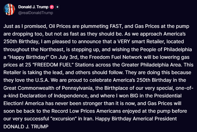 zigmapratama48's tweet photo. 突发:特朗普宣布,Freedom Fuel Network 将于7月3日在东北部25个加油站下调油价。
他称此举为“爱国庆祝”,并呼吁其他加油站跟进降价。
#特朗普 #FreedomFuelNetwork #汽油降价 https://t.co/1OZ32kboZH