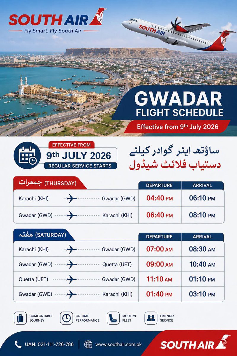 QayyumReports's tweet photo. South Air to Connect Gwadar with Karachi and Quetta!
South Air will commence its regular flight operations to and from Gwadar from 9th July 2026

Discover the beauty of Gwadar 

#SouthAir #Gwadar #GwadarAirport #Karachi #Quetta #Balochistan #FlySouthAir #VisitGwadar #AirConnectivity #GwadarDevelopment