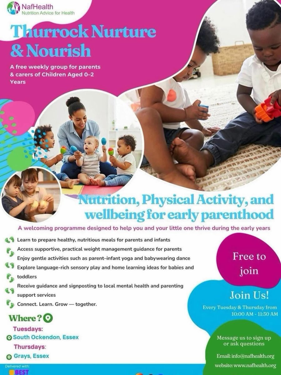 nafhealth's tweet photo. We’re in Grays today!

Thurrock Nurture &amp; Nourish
🕙 10:00–11:30am

For parents/carers (0–2 years)
Connect • Learn • Relax ☕

📍 Hathaway Rd, Grays
📞 07985 421726
📧 info@nafhealth.org

#NurtureAndNourish #NafHealth #ThurrockFamilies https://t.co/hYX0tOV6e6