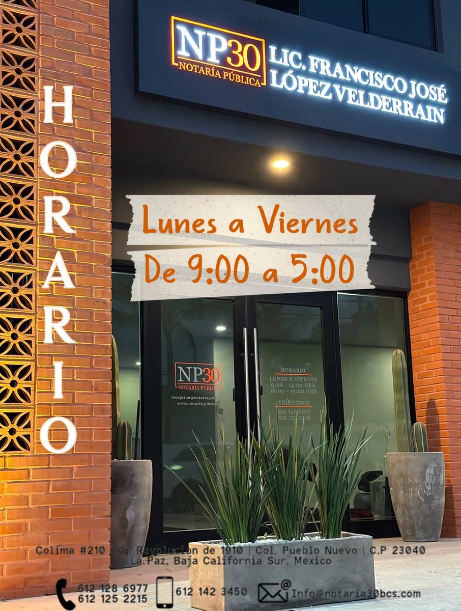 notaria30bcs's tweet photo. Tus trámites importantes, en manos expertas.      NOTARIA 30 BCS ||| Revisa nuestro horario de atención y asegura tu tranquilidad |||📄 🖊️  LUNES A VIERNES                   DE 9:00 a 5:00 

📍Colima #210 Esq. Revolución de
1910 • Col. Pueblo Nuevo | C.P
23040 | #La Paz #BCS https://t.co/YH93JgiKtv