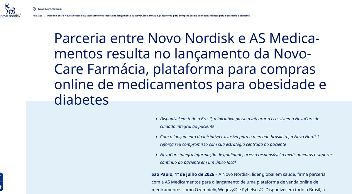 semaglutide brasil Brazil is becoming a key battleground for GLP-1s. While others prepare for  semaglutide generics, Novo Nordisk is strengthening distribution, expanding  access, and building market share. Playing offense, not defense. 🇧🇷📈  #NovoNordisk $NVO #
