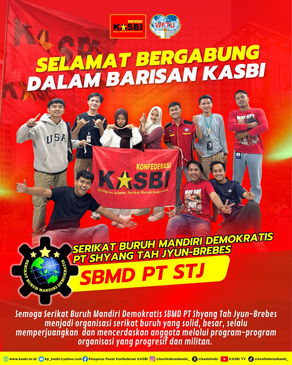 KasbiIndo's tweet photo. Selamat kawan-kawan Serikat Buruh Mandiri Demokratis SBMD PT Shyang Tah Jyun-Brebes.
Semoga menjadi serikat buruh yang solid, besar, selalu memperjuangkan dan mencerdaskan anggota melalui program-program organisasi yang progresif dan militan.
#kasbi #mudaberanimilitan https://t.co/yrpvVGVbET