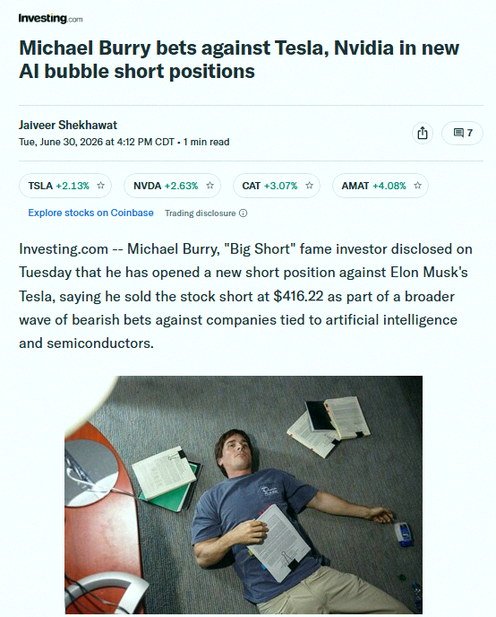 ramiroarcila's tweet photo. Breaking 🚨: Michael Burry is betting against Tesla $TSLA, shorting it at $416.22. https://t.co/NPyWFFMgai
