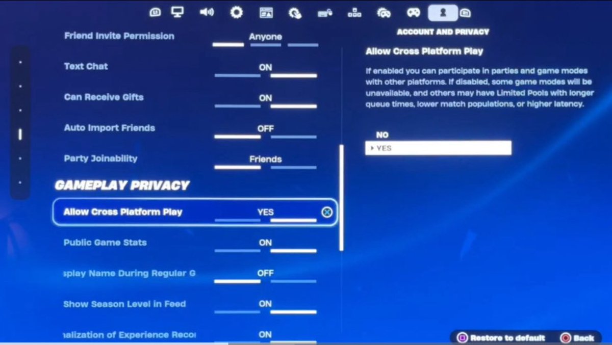 Boofkatsuki's tweet photo. @Fortnite Bring. Back. Disabling. Crossplay. For the love of god. No reason any game, especially one as big as Fortnite should be forcing crossplay. https://t.co/qYy0uWfLuS