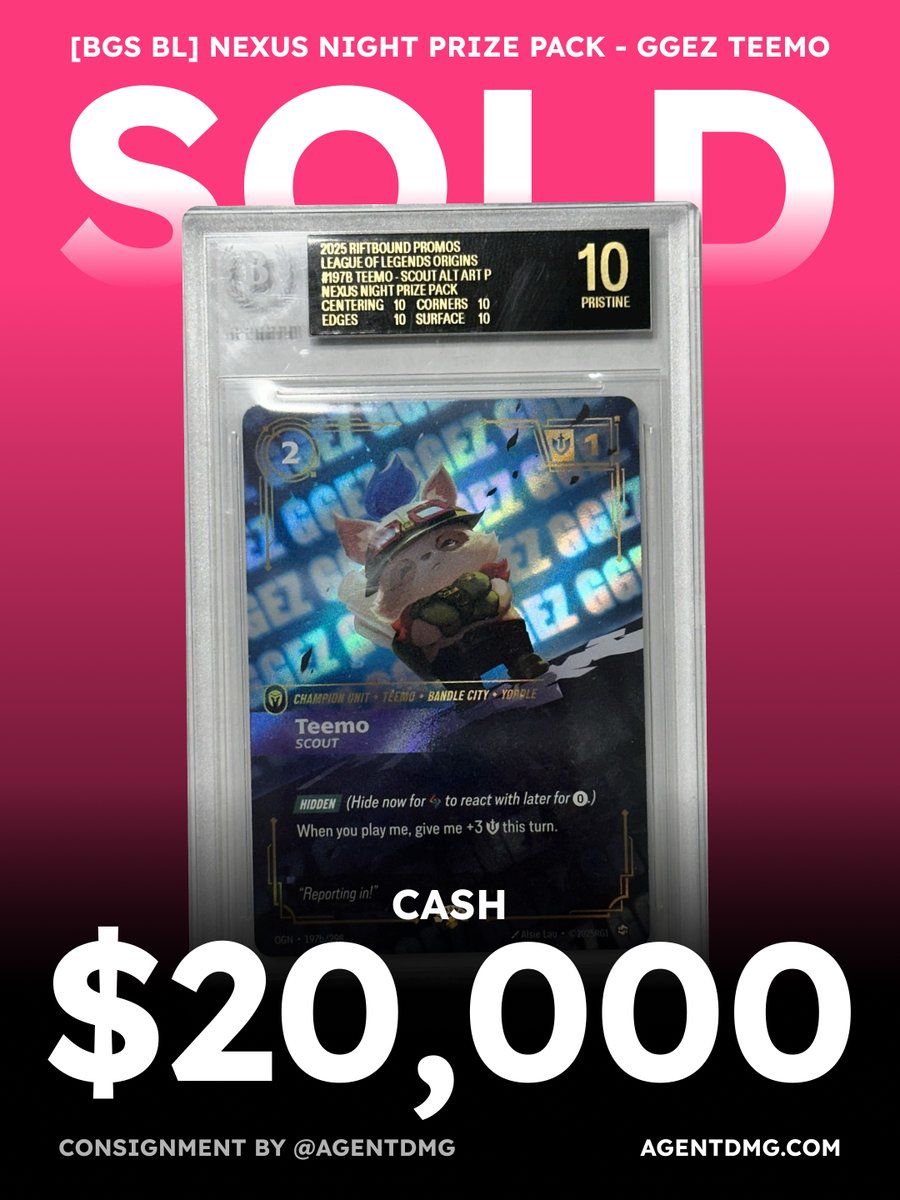 agentdmg's tweet photo. 🔥GG F-KING EZ Teemo in Black Label SOLD 

We just sold our personal Black Label GGEZ Teemo in $20,000 full cash.

RIFTBOUND TO THE MOON. ALL THOSE HOURS OF PLAYING @LeagueOfLegends AS TEEMO SUPPORT WAS WORTH IT. 
#riftbound #tcg https://t.co/OqQVaBDKD6