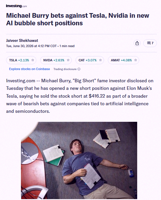 tatsuno1022's tweet photo. Breaking 🚨: Michael Burry just placed a short bet on Tesla $TSLA at $416.22 https://t.co/bq1fSBeSBq