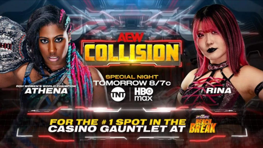 WrestlePurists's tweet photo. 🚨 JUST ANNOUNCED 

ATHENA VS. RINA ON COLLISION!

#AEWDynamite https://t.co/TFtHJv634H