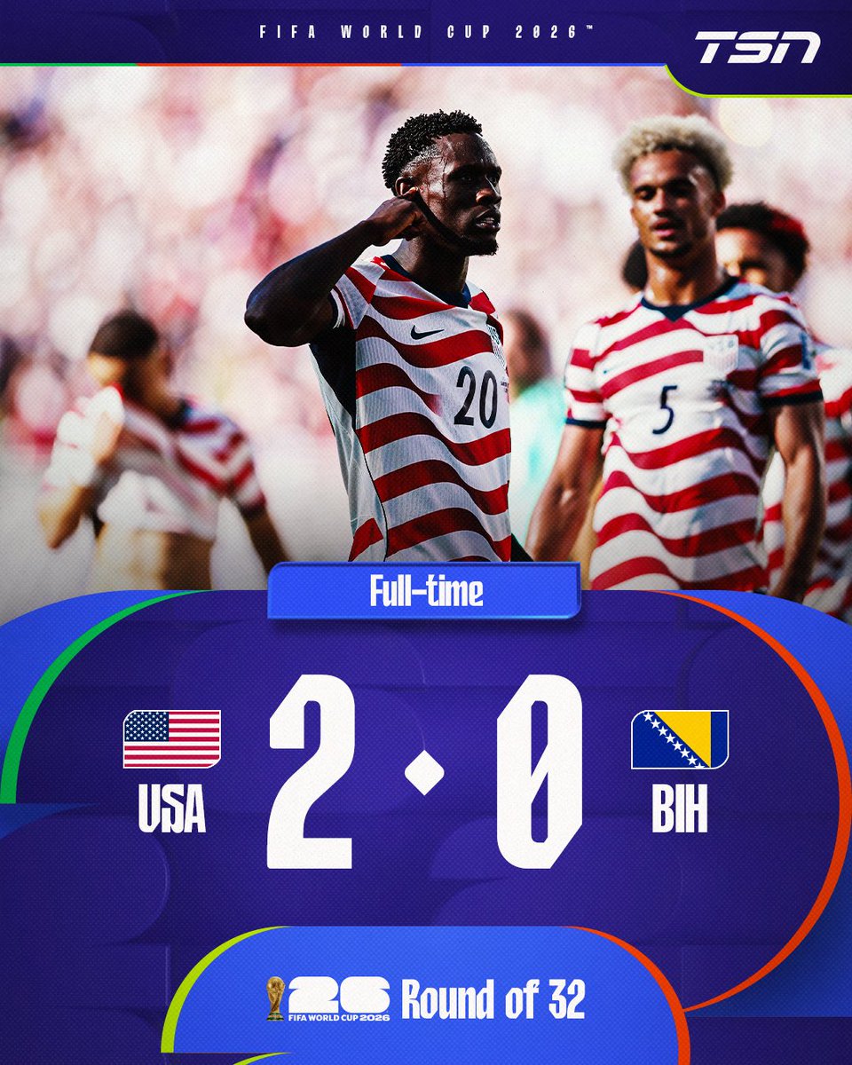 TSN_Sports's tweet photo. THE USA ARE MOVING ON TO THE ROUND OF 16! 🇺🇸

Even with being a man down for over half of the second half, the USMNT still powers through Bosnia and Herzegovina for a spot in the next round at the #FIFAWorldCup. https://t.co/frxcS7rc5v
