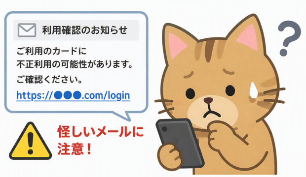sakai_shohi's tweet photo. 【注意】そのメール、本物ですか？
カード会社を装い、偽サイトに誘導して情報を盗む「フィッシング詐欺」が増えています。URLをクリックして入力するのは危険!
◇ 公式サイトから確認
◇ 不正はすぐカード会社へ連絡
◇ 明細を定期的に確認
詳しくは👉https://t.co/zfJoAXsAK8 https://t.co/lMtCTD304H