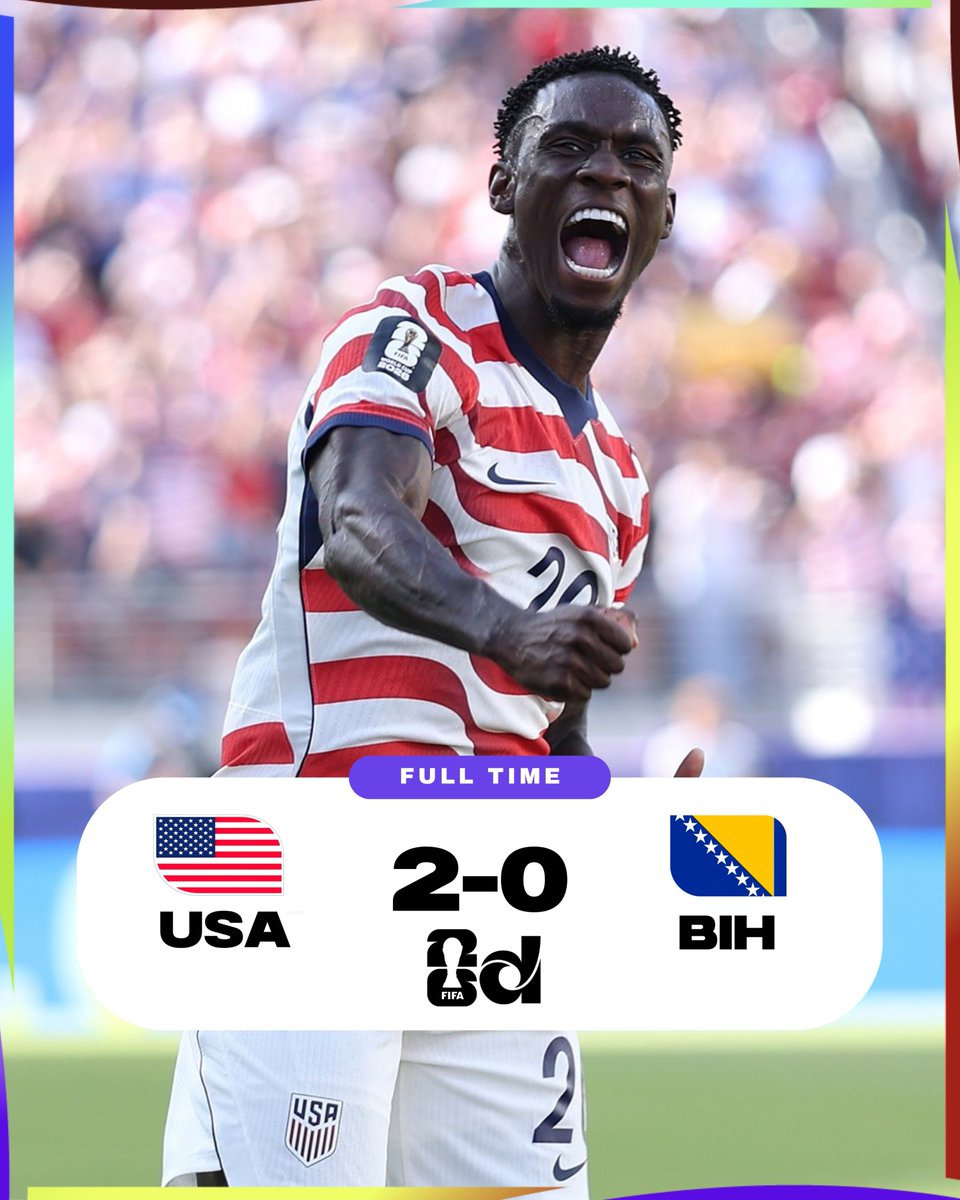 webmasdeportes's tweet photo. #MásMundial | 🇺🇸 Estados Unidos sigue vivo 🇧🇦
El equipo local venció 2-0 a Bosnia y Herzegovina con goles de Balogun (45’) y Malik Tillman (82’).

Balogun fue expulsado al 64’, pero EE.UU. resistió y avanzó a octavos, donde enfrentará a Bélgica 🇧🇪. https://t.co/Ydcqvy4737