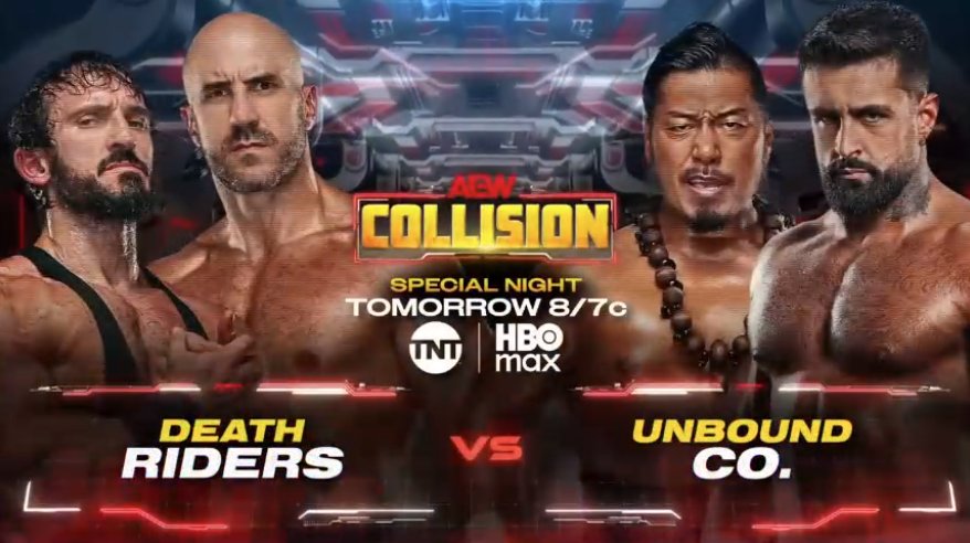 TheDrainmaker's tweet photo. SHINGO TAKAGI &amp; DRILLA MOLONEY VS PAC &amp; CLAUDIO CASTAGNOLI TOMORROW ON COLLISION!!!

UNBOUND COMPANY VS DEATHRIDERS. 🔥 https://t.co/CwTT1RJ4CK
