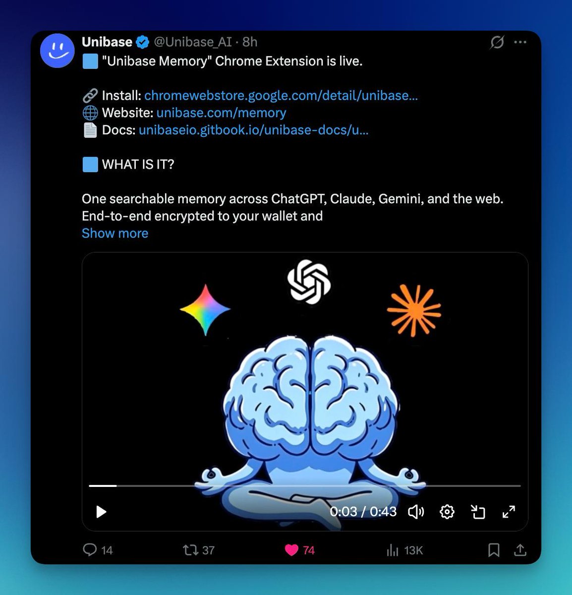 Habibel01's tweet photo. River bergabung dengan Unibase Memory Chrome Extension sebagai Mitra Peluncuran
Berbagi Kartu Memori River, AI konteks yang dibutuhkan sebelum meneliti, membangun, atau menciptakan seputar River
base:0xda7ad9dea9397cffddae2f8a052b82f1484252b3 #RiverdotInc #Unibase
@River4fun https://t.co/JbKFHxw0XV