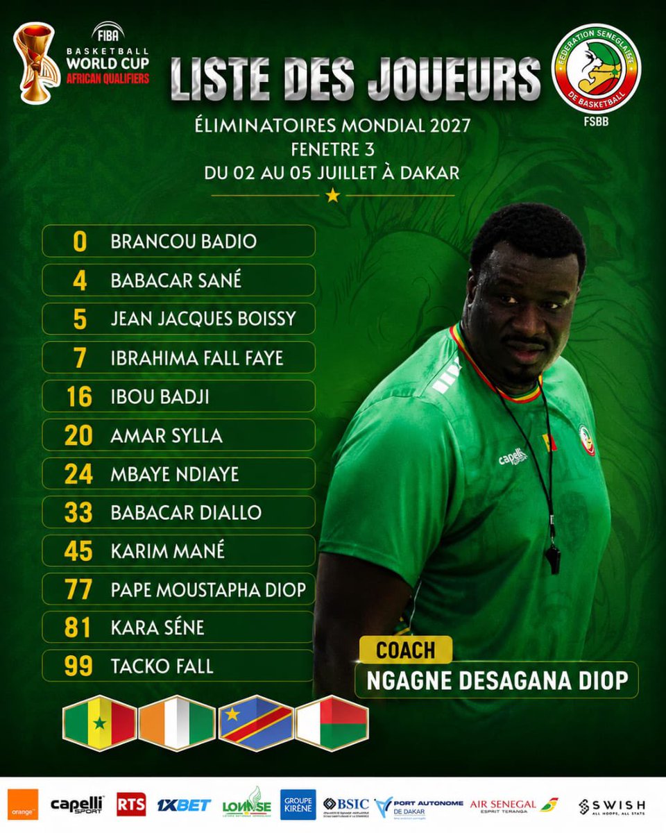 Match360TV's tweet photo. 🦁 LES 12 LIONS SONT CONNUS ! 🇸🇳
Le sélectionneur Desagana Diop a dévoilé la liste des 12 joueurs retenus pour défendre les couleurs du Sénégal lors de la Fenêtre 3 des Éliminatoires de la Coupe du Monde 🏀 FIBA Qatar 2027.
#GoLions #FIBAWCQ2027 #SenegalBasket #FSBB #RoadToQatar2027