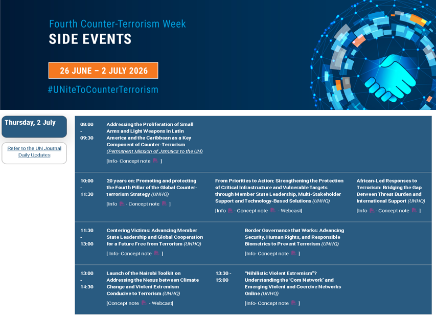 UN_OCT's tweet photo. 📢2 July 2026 is the last day of the 4th #CTWeek
🔎Check the programme of side events co-organized by Member States, @UN entities, Int'l Orgs, #CSOs & other partners 👉https://t.co/XzQA2HeSQX
📺@UNWebTV
#UNiteToCounterTerrorism https://t.co/KNsC9BFWUM