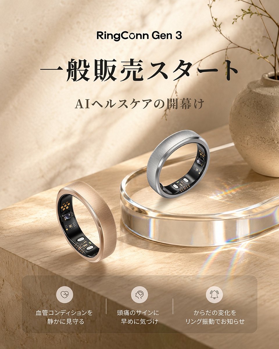 RingConn_jp's tweet photo. 🚀本日より、一般販売スタート。

💍RingConn Gen 3が、ついに誰でも手に取れる形で登場します。

✨指先からはじまる、新しい健康管理体験。

ただ記録するだけではなく、
日々の変化に気づくためのAIヘルスケアリングへ🤖

あなたの毎日に、“からだメンター”を💙

#RingConnGen3
#リンコン
#私のからだメンター
#AIスマートリング
#健康管理
#新発売
#ガジェット