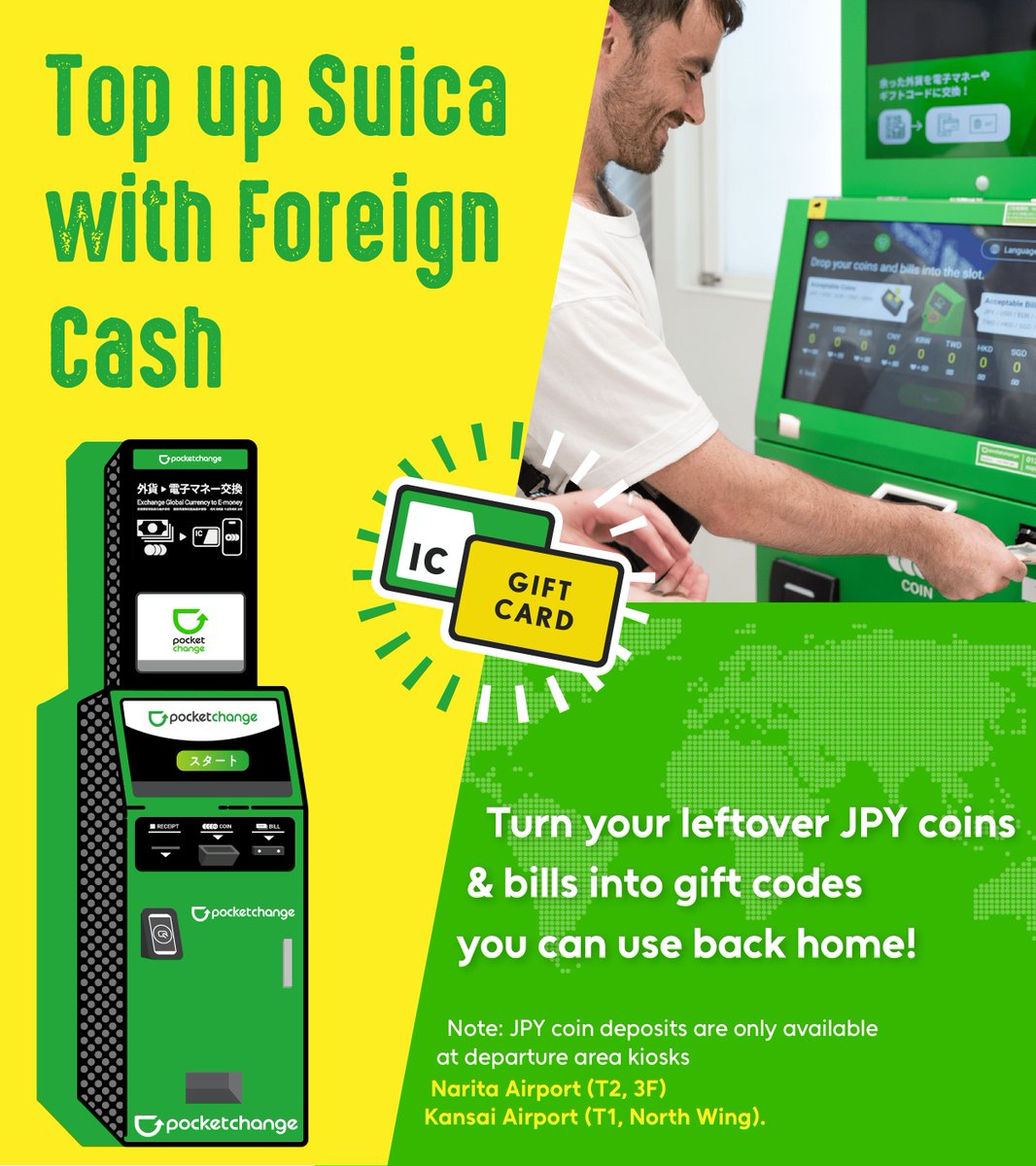 PocketChangeEng's tweet photo. What you can do using Pocket Change.
1⃣ Top up Suica with Foreign cash
→ride trains and buses and shop with a single tap🚊
2⃣ Change your leftover Japanese cash to e-money of your home country https://t.co/gALPgww14g