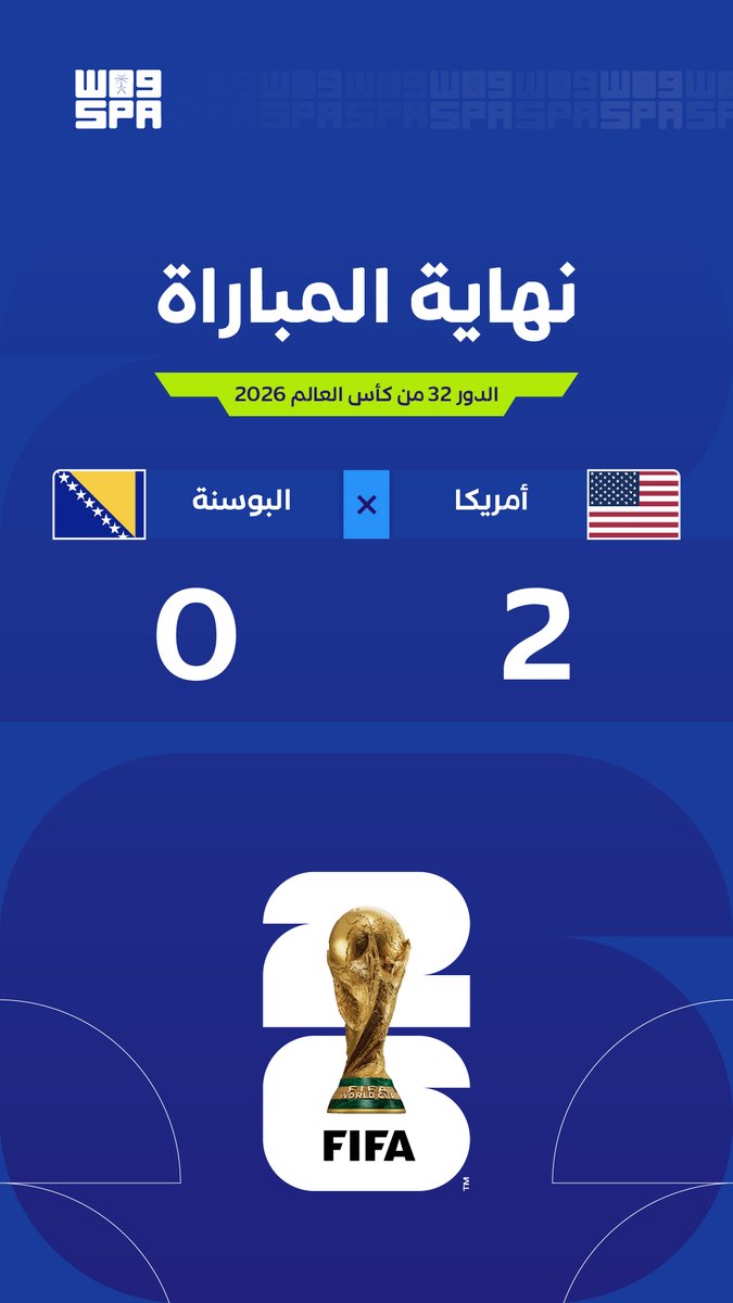 SPA_Spor's tweet photo. أم��يكا تتجاوز البوسنة بهدفين دون رد في دور الـ32 من كأس العالم 2026.
#واس https://t.co/wvyweKx8px