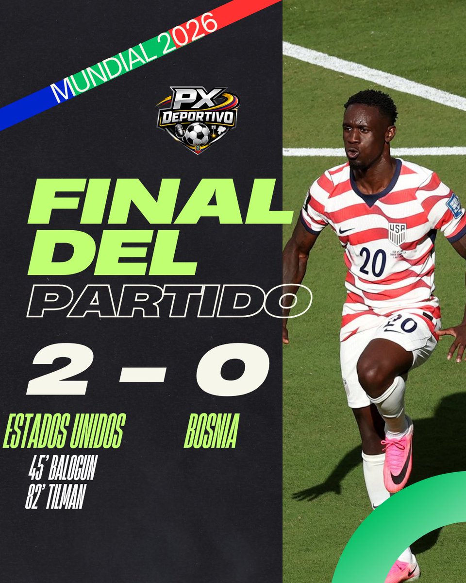 PXDeportivo's tweet photo. EL ANFITRIÓN QUE FALTABA!!

Estados Unidos supo sufrir pero terminó superando a Bosnia y ya está en octavos de final 

#estadosunidos #eeuu #mundialdefútbol2026 https://t.co/28c4ZTwCUC