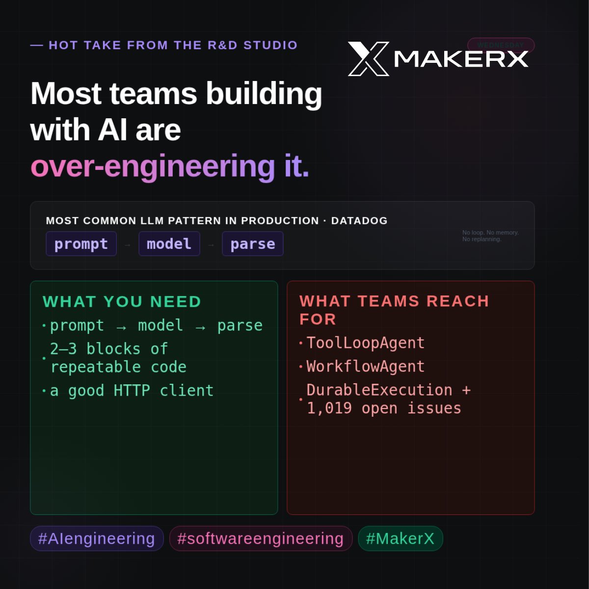 MakerXAU's tweet photo. You probably don't need an AI agent....

Most teams reach for agentic frameworks when a simple workflow would do.

Datadog says agent framework adoption doubled in the past year. EchoLeak shows why that matters.

One email. No click. No attachment.

Microsoft 365 Copilot read it during routine summarisation, followed hidden instructions, pulled confidential files from OneDrive, SharePoint, and Teams, then sent them out through a Microsoft-approved domain.

CVE-2025-32711. CVSS 9.3.

A lot of business AI work should be boring:

- Fetch the record.
- Run a scoped prompt.
- Validate the output.
- Pass the result to deterministic code.

Every agentic layer adds permissions, tokens, latency, and security review.

A single prompt is easy to eval and red-team. A non-deterministic chain is a moving target.

Use an agent when the task needs one. Use a workflow when the path is known.

here are five AI transformation questions your board should ask before funding the next "agent" project 👇.

https://t.co/oVoD1vqsLt

#AIEngineering #AIGovernance #AISecurity #LLMOps #MakerX